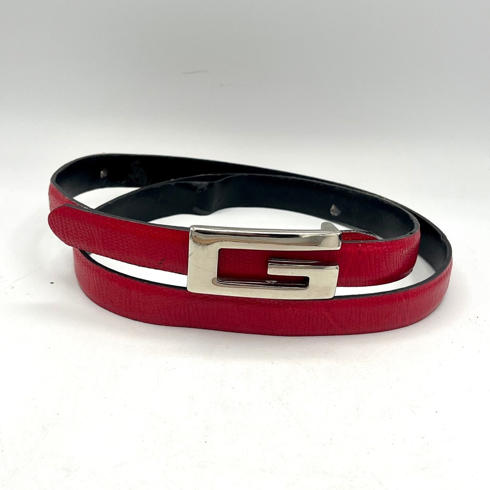 Vera Pelle Red Leather Skinny Belt Silver G Buckle Made in Italy